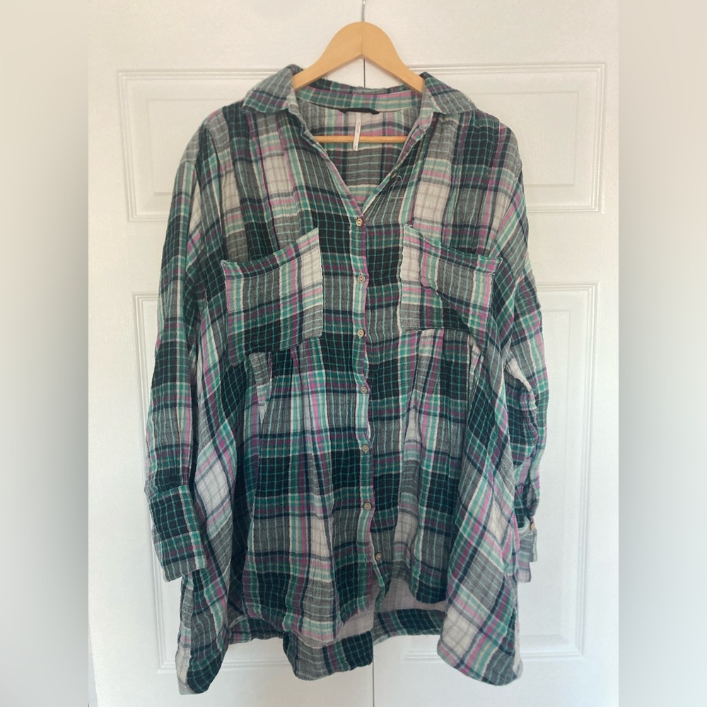 Free People Green & Black Plaid Button Down Shirt